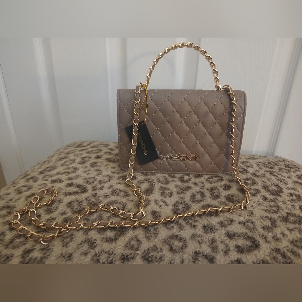 NWT Bebe Quilted Tan & Gold Chain Crossbody Hand Bag